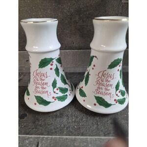 Dickson Ceramic Candlestick Holder Jesus The Reason For The Season-Holly Berry